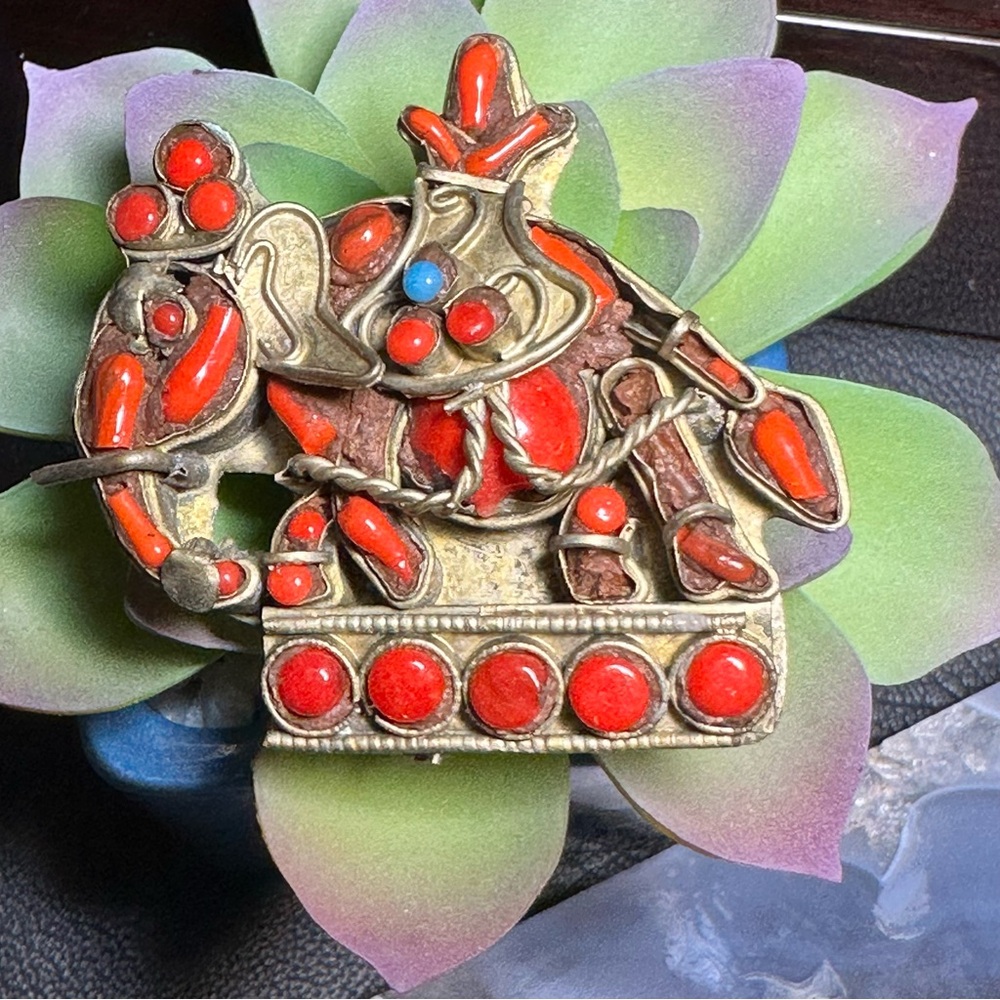 1900's Tibetan Brass and Coral Revered Elephant Brooch, 3D Pieced Inlay Vintage
